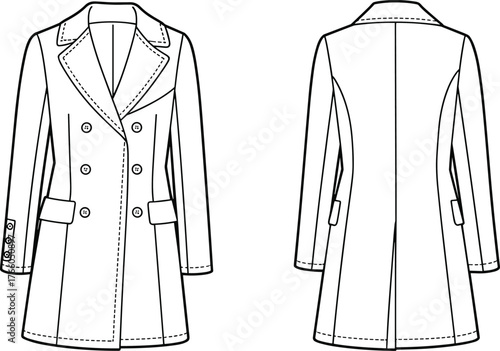 CAD drawing flat vector illustration, double breasted coat front and back, fashion design template, apparel sketch, clothing mockup, garment technical illustration