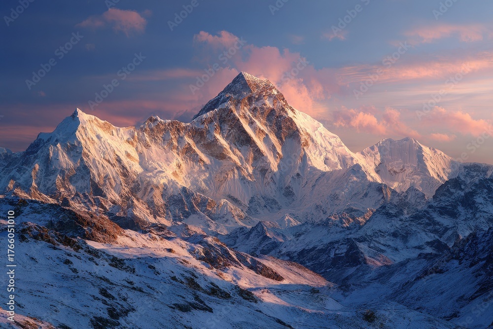 Obraz premium Majestic Makalu: A Breathtaking Sunset Over the Peak in a Winter Landscape