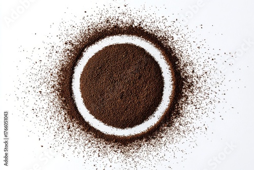 Ground Coffee Spread on a White Surface Creating a Circular Pattern