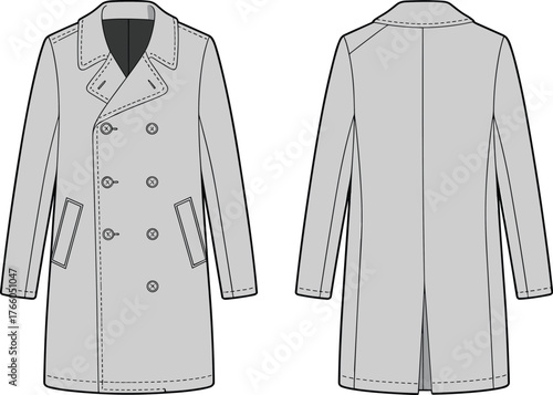 CAD drawing flat vector illustration, overcoat front and back, fashion design template, apparel sketch, clothing mockup, garment technical illustration