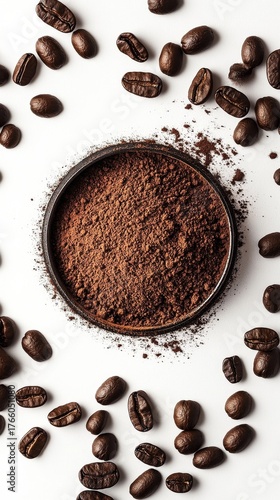 Freshly Ground Coffee Surrounded by Whole Beans on a White Surface
