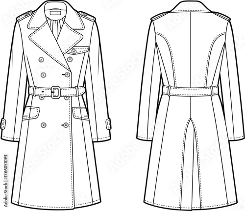 CAD drawing flat vector illustration, trench coat front and back, fashion design template, apparel sketch, clothing mockup, garment technical illustration