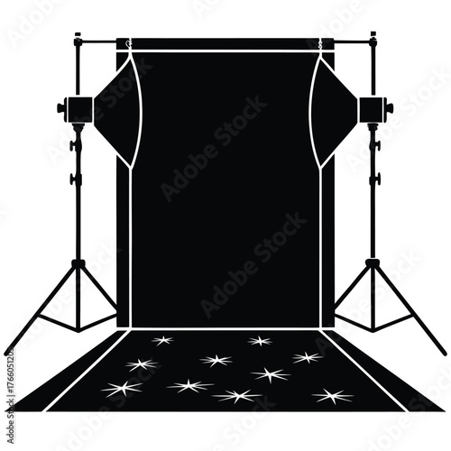 Silhouette of a photography studio backdrop with two lights and a starry floor studio setup lighting
