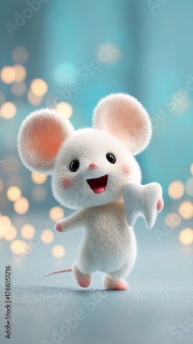 Cute Mouse Character Happily Holding a Tooth With Sparkling Background