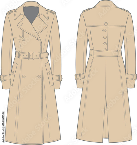 CAD drawing flat vector illustration, trench coat front and back, fashion design template, apparel sketch, clothing mockup, garment technical illustration