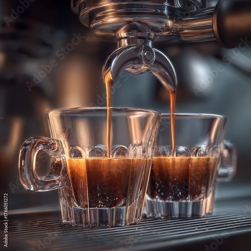 Fresh Espresso Being Extracted Into Clear Cups in a Cozy Coffee Shop Setting