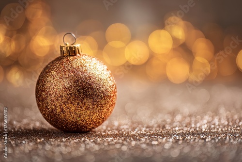 Gold Glitter Ornament Shines Against a Soft Golden Background During the Holi...