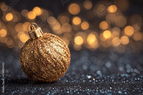 Gold Glitter Ornament Shines Against a Soft Golden Background During the Holi...