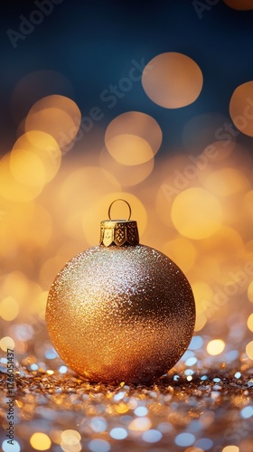 Shimmering Golden Ornament on Festive Backdrop With Soft Bokeh Lights