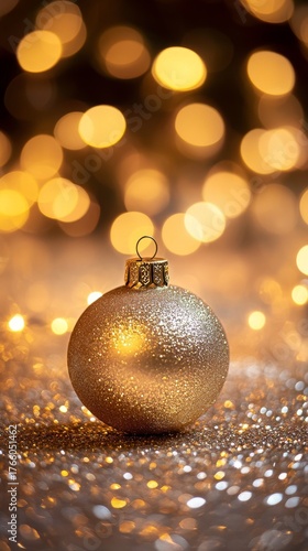 Shimmering Golden Ornament on Festive Backdrop With Soft Bokeh Lights