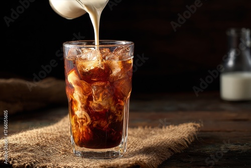 Cream Being Poured Into a Glass of Iced Coffee Against a Rustic Background