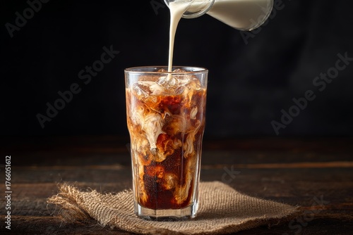 Cream Being Poured Into a Glass of Iced Coffee Against a Rustic Background
