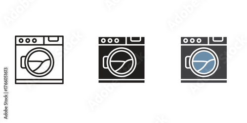 Washing machine icons in multiple styles (line, glyph, solid, color) for laundry, household chores, appliance stores, or utility apps.