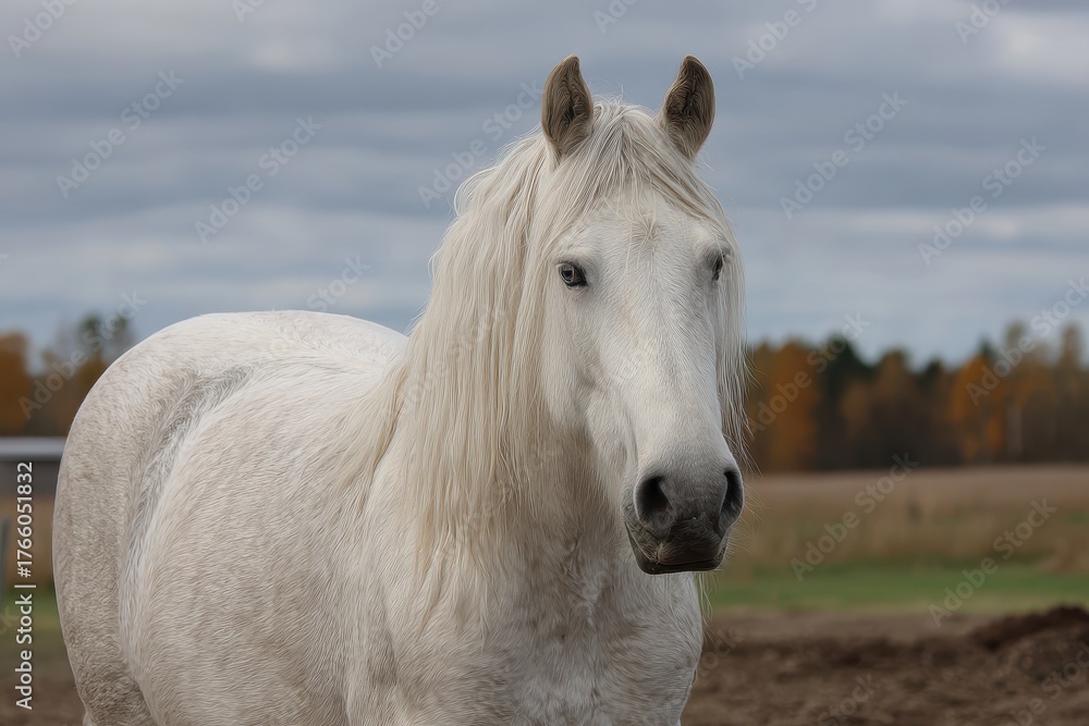 Obraz premium Majestic Percheron Horse Portrait: A Beautiful Big Muscular Animal in a Serene Farm Background