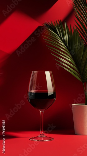 Elegant Red Wine and Glass Displayed With Green Plant in Modern Setting