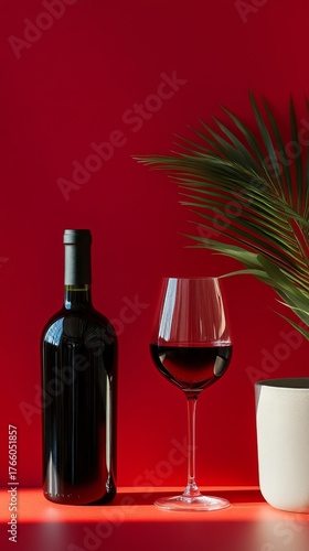 Elegant Wine Bottle With Glass and Tropical Plant Against a Bold Red Background