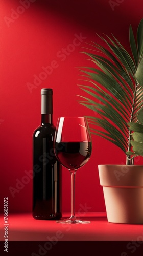 Elegant Red Wine and Glass Displayed With Green Plant in Modern Setting