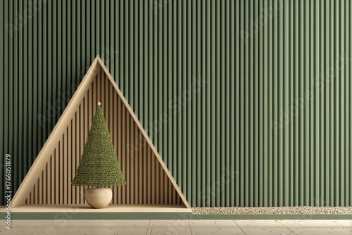 Modern Interior Design With a Green Christmas Tree in an Elegant Geometric Di...
