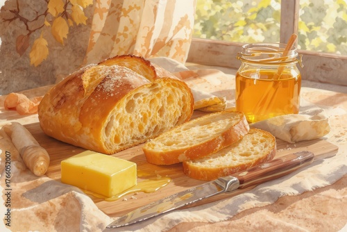 Still life of golden bread loaf, slices, butter, and honey jar on a wooden board near a window.