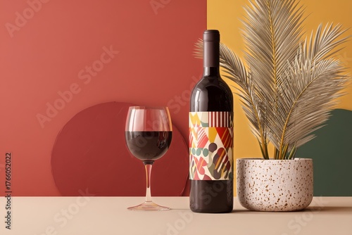 Colorful Wine Bottle and Glass Beside Decorative Plant in Modern Setting