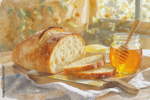 Rustic charm of freshly baked bread paired with golden honey and butter, illuminated by sunlight.