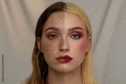 Portrait of a young woman half face with freckles and natural skin half face with full makeup beauty concept