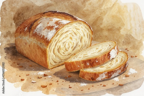 Watercolor illustration of a sliced loaf of artisan bread on a wooden cutting board. Yum!