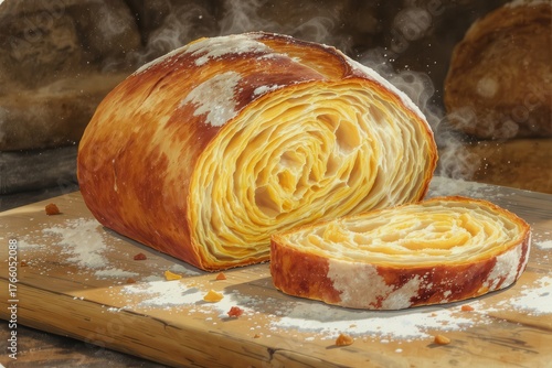 A golden loaf of bread cut, revealing layers, dusted with flour, rests on a wooden board.