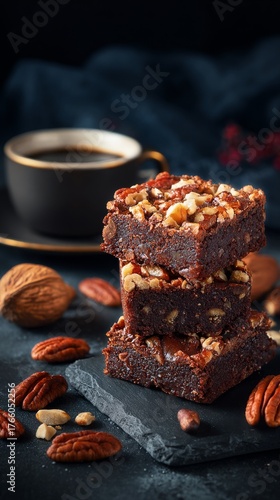Delicious Brownies Topped With Nuts Paired With a Cup of Coffee on a Dark Table