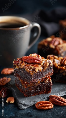 Delicious Brownies Topped With Nuts Paired With a Cup of Coffee on a Dark Table
