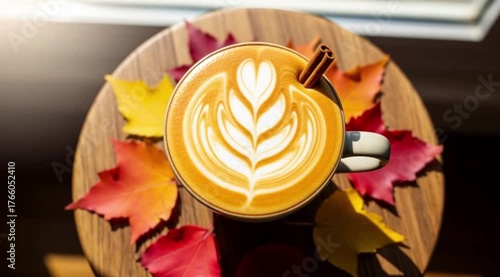 Autumnal Latte Art: Coffee, Leaves, and Cinnamon