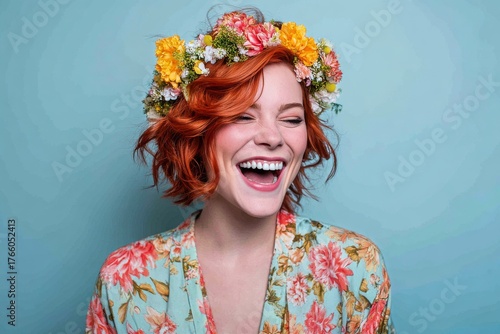 Joyful Girl With Red Hair and Flower Crown Smiles Against a Blue Background