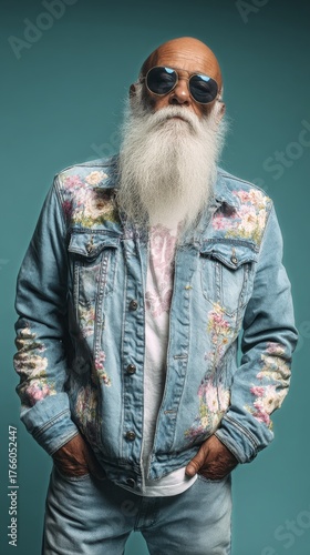 Elderly Man Poses Confidently in a Stylish Denim Jacket With Floral Designs A...