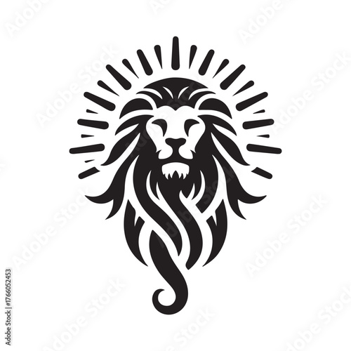 Stylized lion head with sunburst emblem