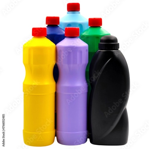 Photo of an assortment of colorful detergent bottles in various colors, isolated on white background.