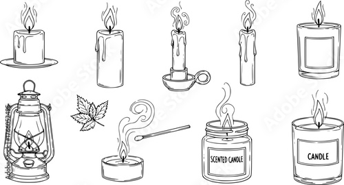 Set of Hand-Drawn Candle Sketches Collection, Vector Illustrations of Burning Wax, Oil Lamp and Paraffin Candles for Aromatherapy, Meditation, Home Decor and Vintage Halloween Design Elements 