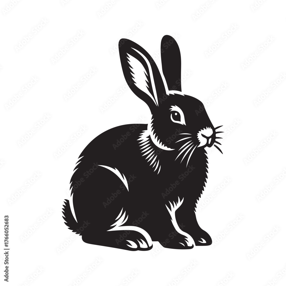Fototapeta premium Black rabbit illustration with long ears and white background