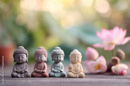 Serenity in a Garden With Buddha Statues and Blooming Lotus Flowers at Sunset