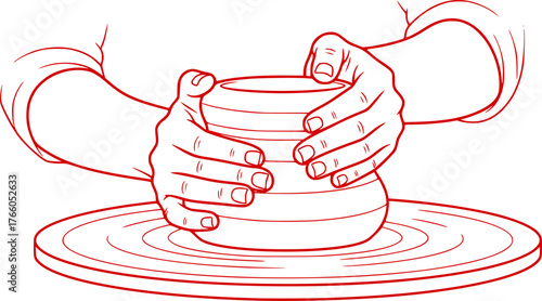 Set of Skilled Hands Working Clay on Potter's Wheel – Cartoon Illustration of Pottery Making Process, Craftsmanship, Ceramic Art and Handmade Clay Shaping 