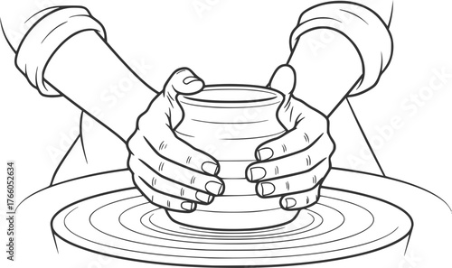 Set of Skilled Hands Working Clay on Potter's Wheel – Cartoon Illustration of Pottery Making Process, Craftsmanship, Ceramic Art and Handmade Clay Shaping 