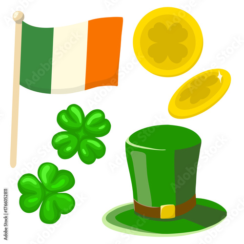 Set of vector illustrations for Saint Patrick's Day, Ireland culture, Ireland flag, lucky coin, leprechaun hat, clover