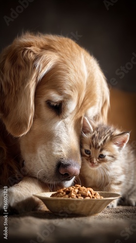 Golden Retriever and Kitten Sharing Food Together in a Cozy Indoor Setting