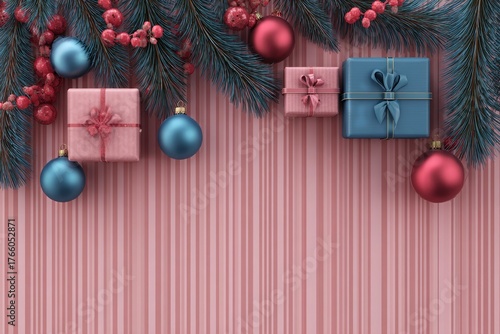 Colorful Christmas Gifts and Ornaments Set on a Festive Pink Background for H...