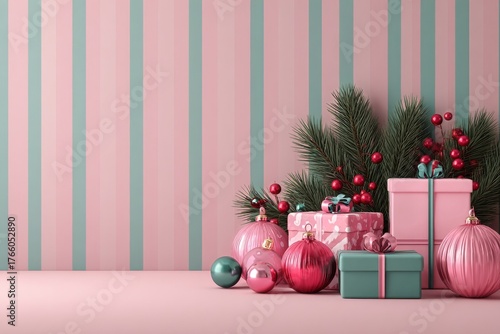 Colorful Christmas Gifts and Ornaments Set on a Festive Pink Background for H...