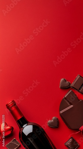 Romantic Gift Arrangement With Wine, Chocolate, and Roses on a Red Background...