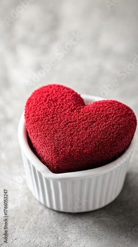 Red Heart-Shaped Dessert Resting in a Small White Ramekin on a Textured Surface