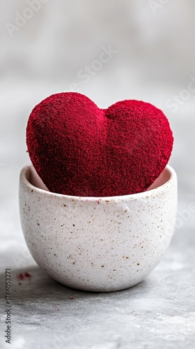 Red Heart-Shaped Dessert Resting in a Small White Ramekin on a Textured Surface