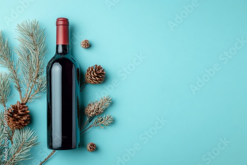 Festive Wine Display With Pinecones and Greenery on a Turquoise Background