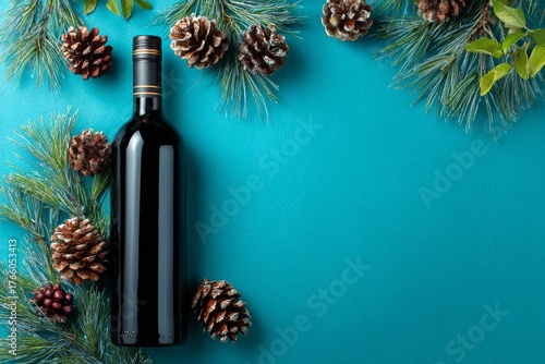Festive Wine Display With Pinecones and Greenery on a Turquoise Background