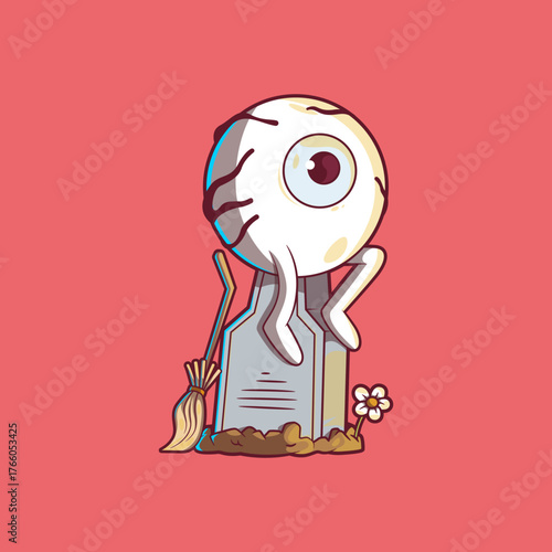 Surreal Eye Creature Sitting on Tombstone vector illustration. Fantasy, Horror design concept.